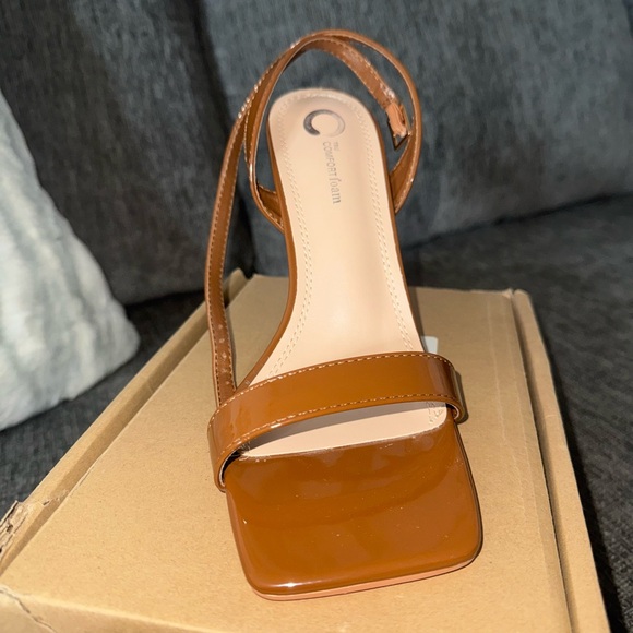 COVERED IN GLAM “Dorian” Brown Patent Square-Toe Heels | Size 8 | Brand New - Picture 2 of 5